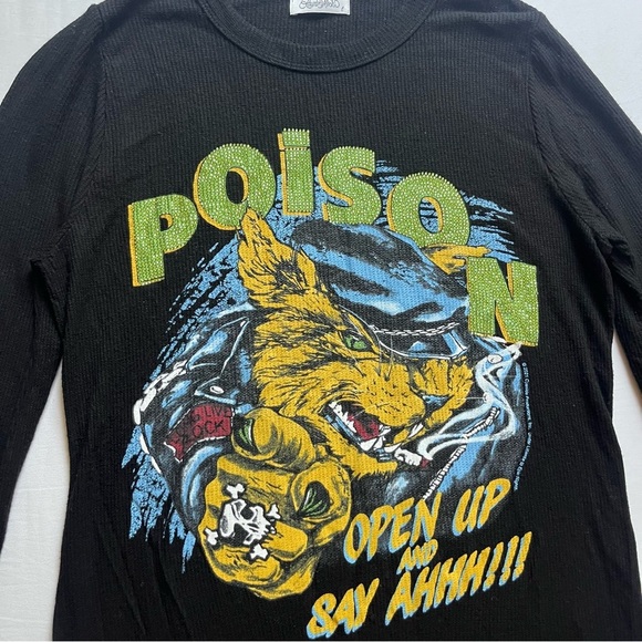 LAUREN MOSHI black rib knit crew neck graphic glitter long sleeve shirt top - Picture 5 of 7